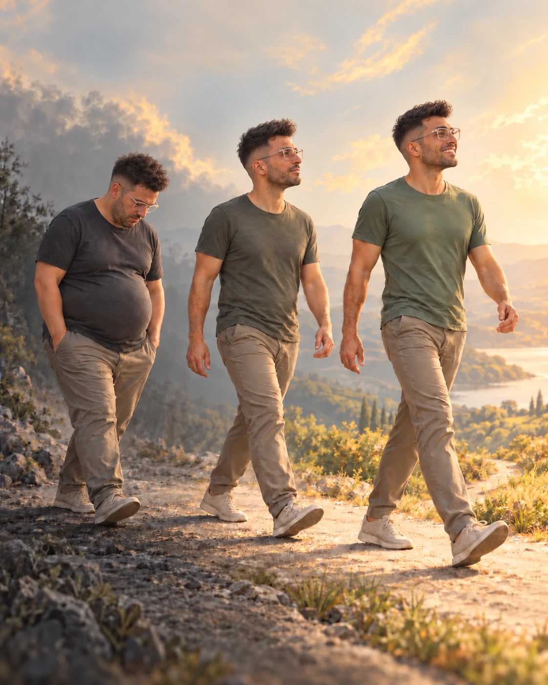 Ilustración del cambio de un mismo hombre: de sentirse limitado a moverse con energía y confianza